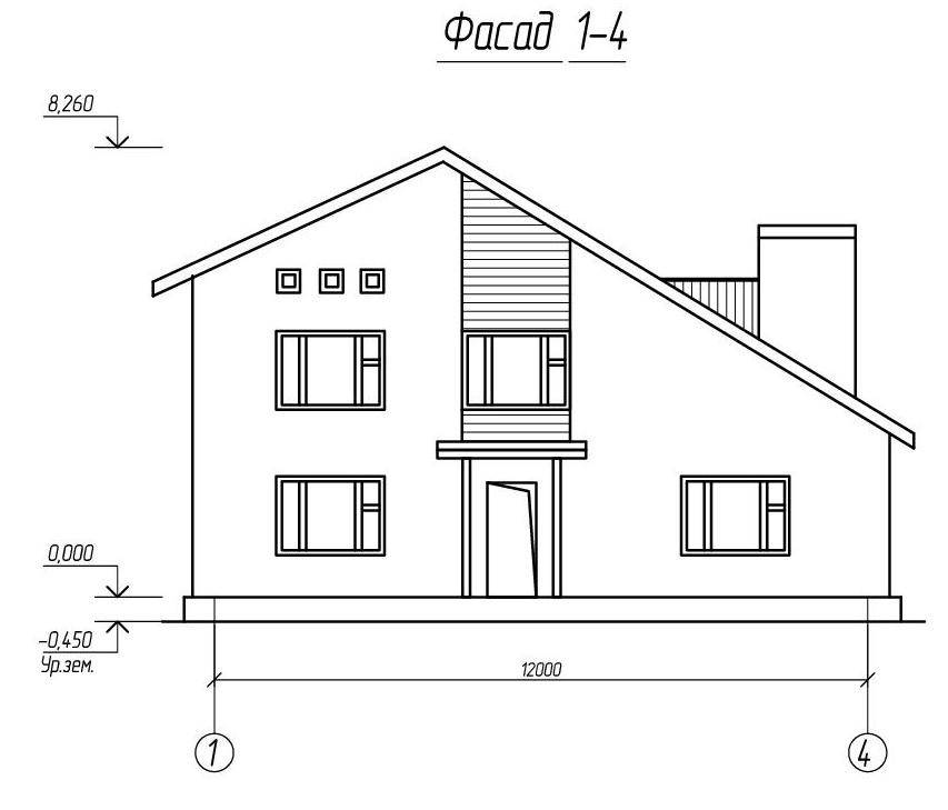 Чертеж дома с фасадом