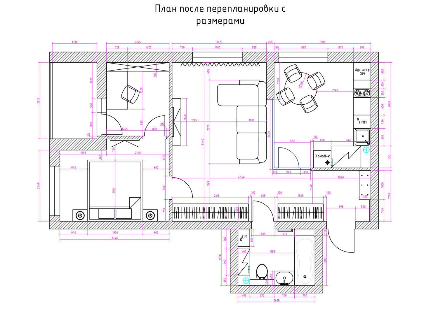 Перепланировка 4 комнатной хрущевки 60 кв.м