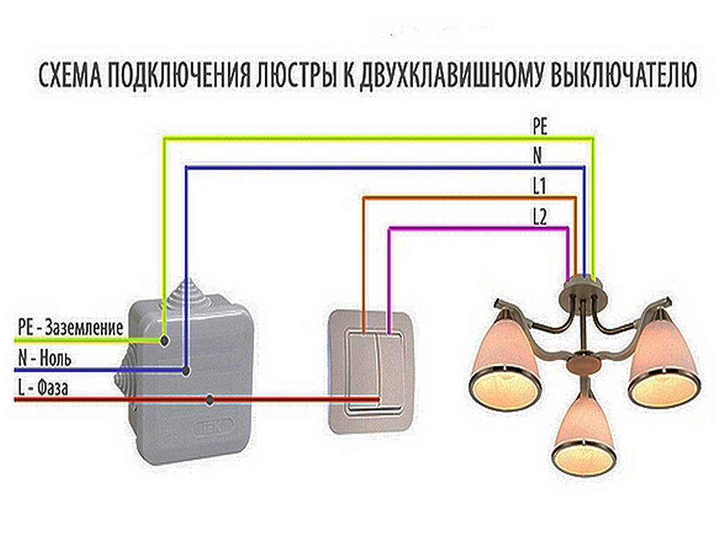 Схема подключения люстры на двухклавишный выключатель с шестью лампами